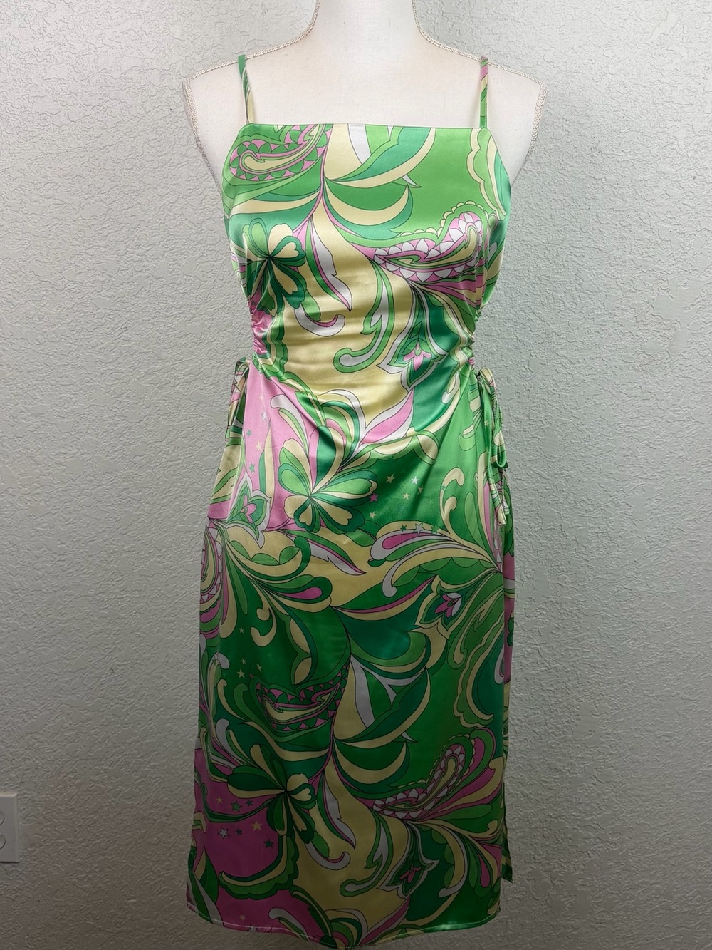 Christian Lacroix | Green Pink Paisley Satin Side Cut Out Tank Slip Dress